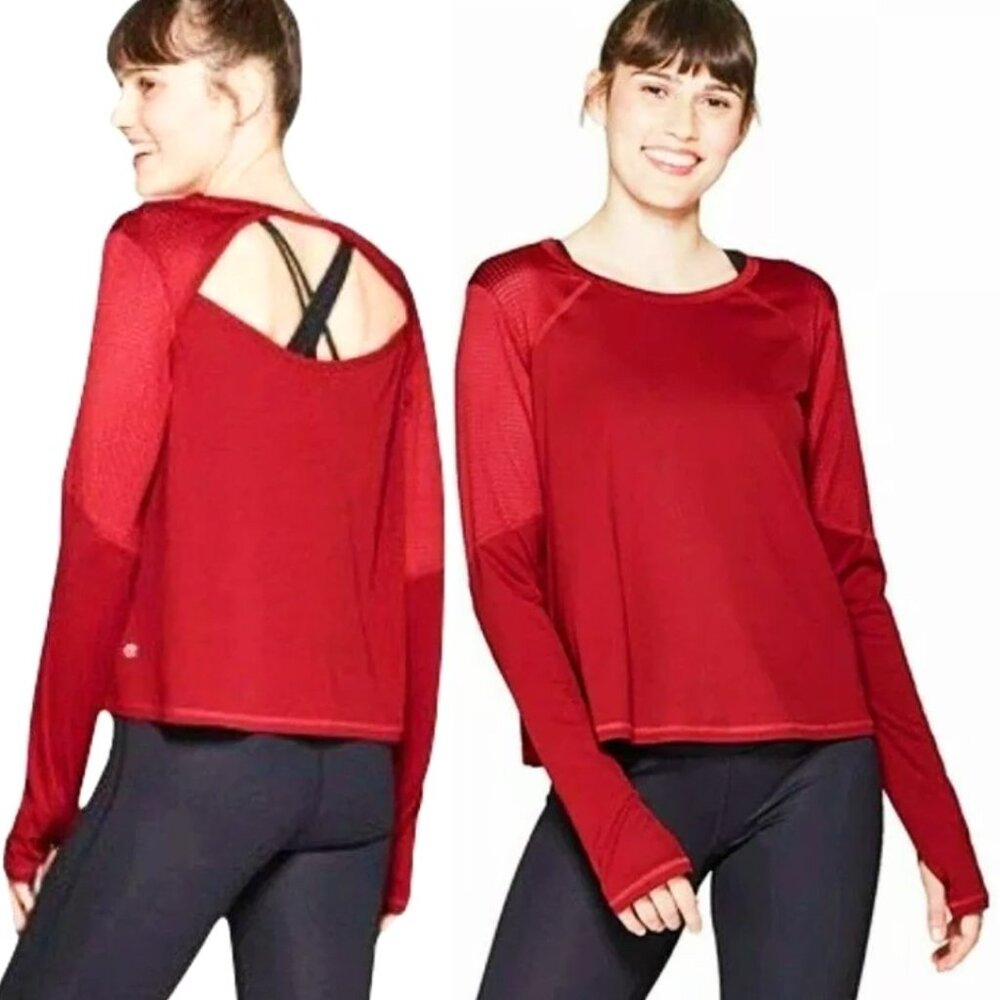 C9 Champion Women's Training Mesh Open‎ Back Long Sleeve Red Shirt Size Medium